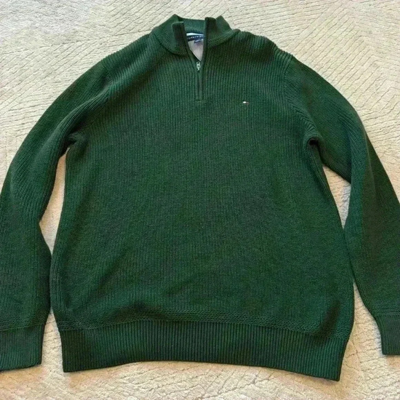 tommy hilfiger mens quarter zip sweater XL green knitted mock turtle neck - Picture 4 of 8